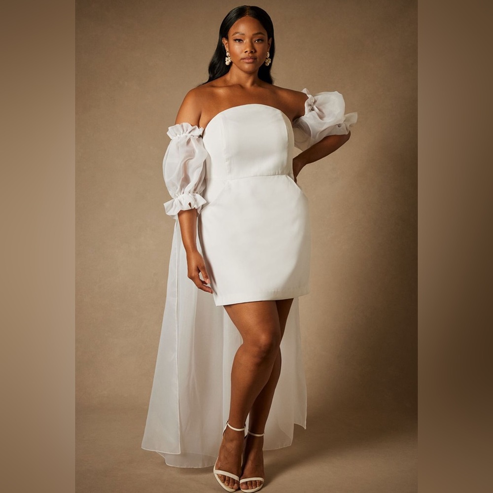 Bridal by ELOQUII Mini Dress With Puff Sleeve Cape